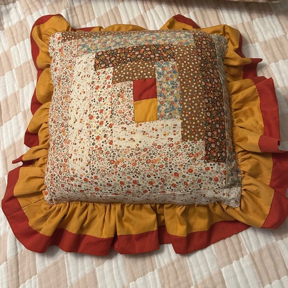 Antique Log Cabin Quilt Pillow Floral Back Terracotta Gold Applecore Aesthetic